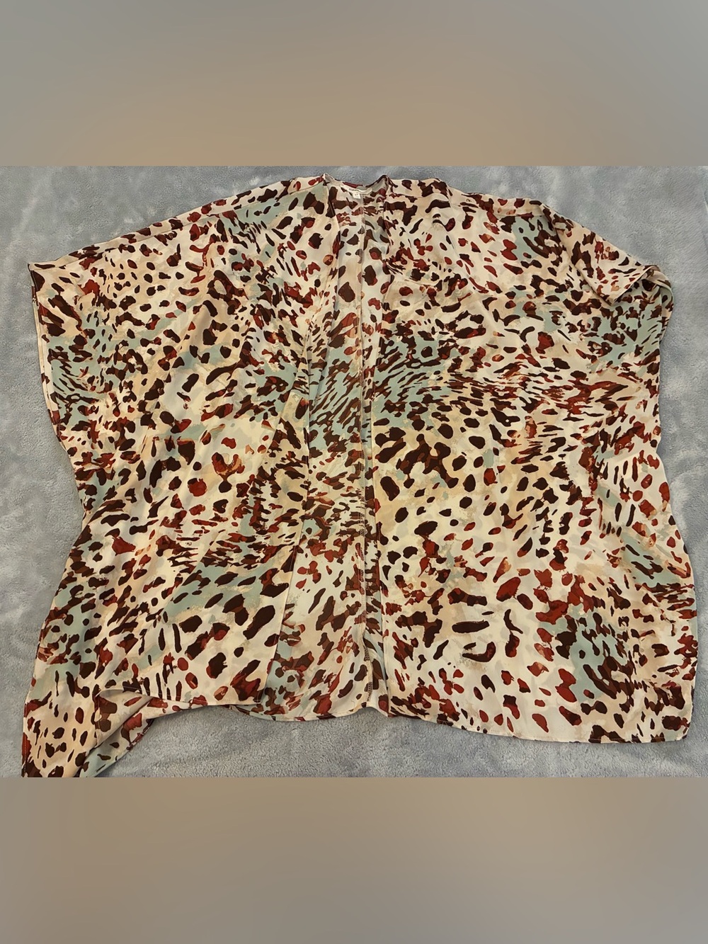 Leopard Print Short Sleeve Women's Kimono Top in Cream Teal and Brown One Size